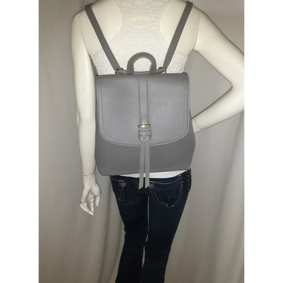 Gray Backpack Shoulder Bag Convertible Strap Faux Leather - Picture 1 of 11